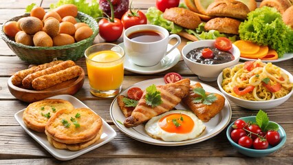 Delicious and abundant breakfast foods: pastries, fried eggs, sausages, and fresh fruit.
