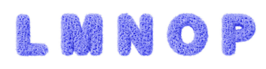 3d blue fur font, fluffy alphabet letters l, m, n, o, p render. Furry english letters with hair texture for fun education kids. Soft fuzzy curly wavy text isolated on white background