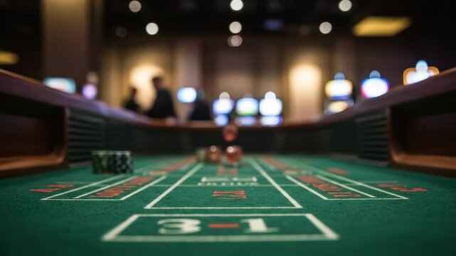 Casino Craps Table Close Up - A close-up shot focuses on dice on a craps table in a casino. The background is blurred, showing other players and slot machines.