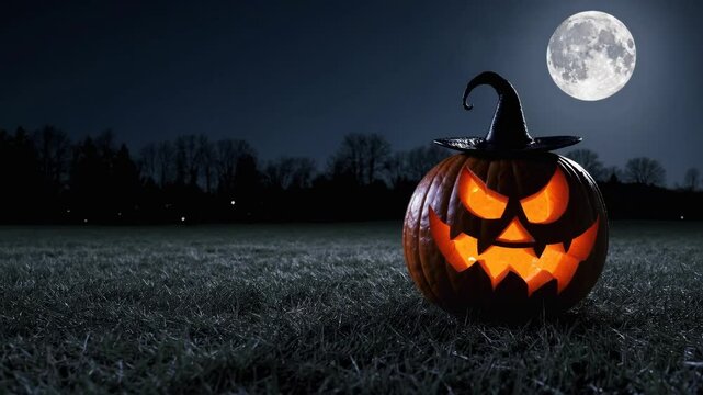 Halloween pumpkin with glowing eyes wearing a witch hat is sitting in a field at night with a full moon in the background