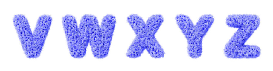 3d blue fur font, fluffy alphabet letters v, w, x, y, z render. Furry english letters with hair texture for fun education kids. Soft fuzzy curly wavy text isolated on white background