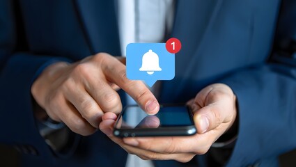 Alert notification concept. Reminder, Push Notifications, Web Reminders, Time Table and Announcements. Person using smartphone with bell notification icon on virtual screen.