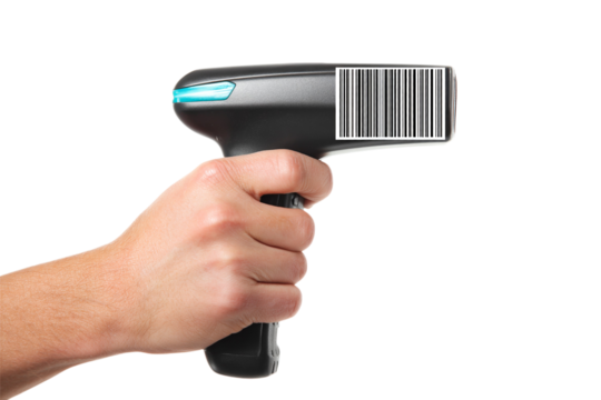 Device for scanning barcodes in person's hand.