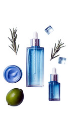 Blue Serum Bottles Lime Rosemary Ice Cubes Skincare Product Photography