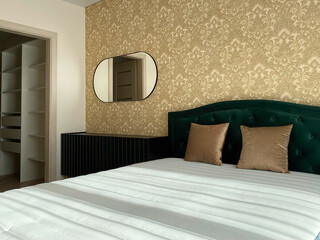 Modern luxury bedroom interior in minimal scandinavian style, 3d render