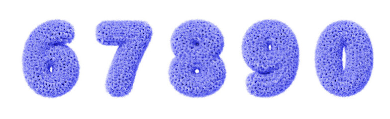 3d fur font, blue fluffy numbers from 6 to 0. Isolated furry type digits with animal hairy texture for fun education kids, birthday. Fashion typography set. Soft fuzzy curly wavy text