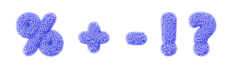 3d fur font, blue fluffy symbol set. Fashion furry percent sign, question mark, exclamation, plus, minus, animal hairy texture. Fuzzy curly wavy text for discount, fun education kids