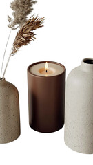 Brown Candle Lit Beige and Tan Vases Dried Pampas Grass