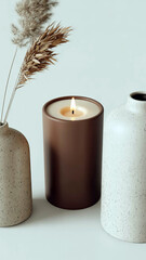 Brown Candle Lit Beige Speckled Vases Dried Pampas Grass