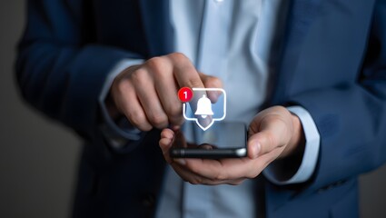 Alert notification concept. Reminder, Push Notifications, Web Reminders, Time Table and Announcements. Person using smartphone with bell notification icon on virtual screen.