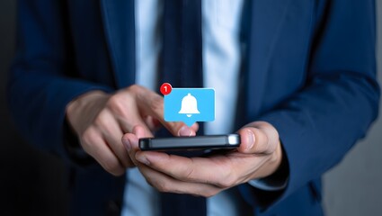 Alert notification concept. Reminder, Push Notifications, Web Reminders, Time Table and Announcements. Person using smartphone with bell notification icon on virtual screen.