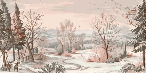 Winter wonderland with snow-covered fields and trees.