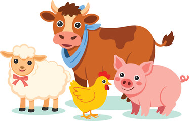 Cartoon illustration of a cow sheep chicken and pig standing together on white