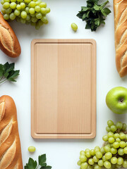 Light Wooden Cutting Board Green Grapes Baguettes Apple Parsley White Background