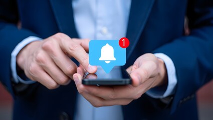 Alert notification concept. Reminder, Push Notifications, Web Reminders, Time Table and Announcements. Person using smartphone with bell notification icon on virtual screen.