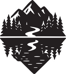 Reflective Black and White Mountain Lake Landscape;  Serene Nature Illustration,  Hand-Drawn Style,  Minimalist Design.