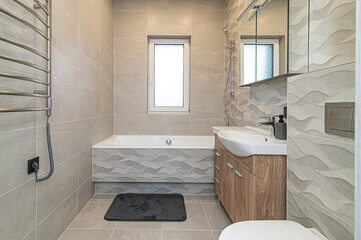 Modern bathroom interior in minimal scandinavian style, 3d render