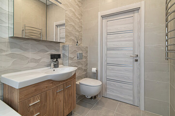 Modern bathroom interior in minimal scandinavian style, 3d render