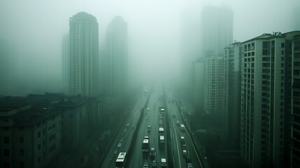 Obraz premium Heavy traffic during peak hours causes dense smog to spread across the city, affecting breathing and health.