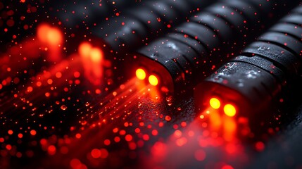 Fiber optic cables with red data streaming.