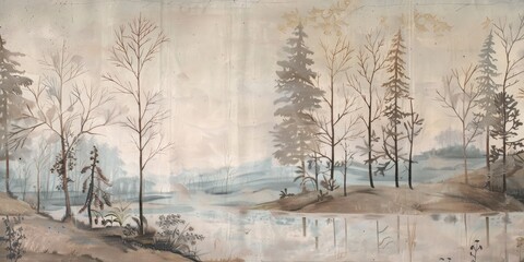 Winter wonderland with snow-covered fields and trees.