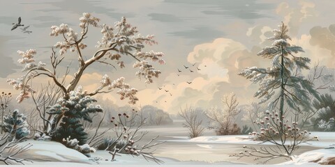 Winter wonderland with snow-covered fields and trees.