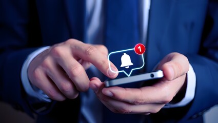 Alert notification concept. Reminder, Push Notifications, Web Reminders, Time Table and Announcements. Person using smartphone with bell notification icon on virtual screen.