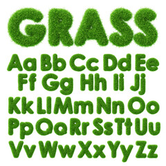 3d grass text with green fluffy font of English ABC alphabet. Fresh plant type effect. Render capital and small letters with soft furry herb texture. Nature, ecology, organic elements © marozhkastudio