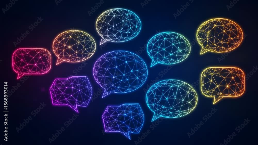 Poster global communication network - abstract speech bubbles - four vibrant, interconnected speech bubbles