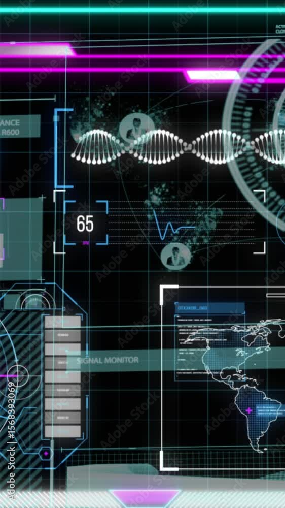 Poster animation of graphs and scientific data on black digital screen
