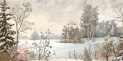 Winter wonderland with snow-covered fields and trees.