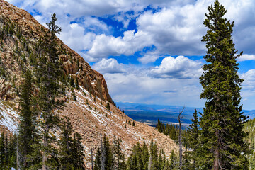 Panorama of winter mountains, snow-covered slopes of Pikes Peak mountains, Colorado
