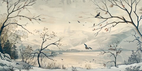 Winter wonderland with snow-covered fields and trees.