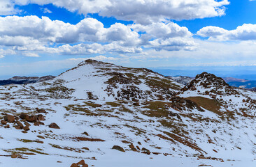Panorama of winter mountains, snow-covered slopes of Pikes Peak mountains, Colorado