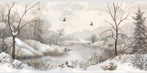 Winter wonderland with snow-covered fields and trees.