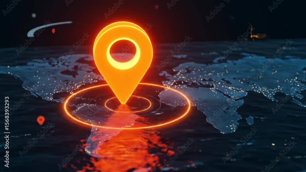 Poster global positioning system, location tracking, world map - an orange glowing location pin is centered