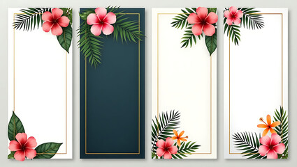 Obraz premium Elegant Tropical Hibiscus Flower Banners: Gold Frame, Dark Teal & White Backgrounds, Summer Vacation Theme.