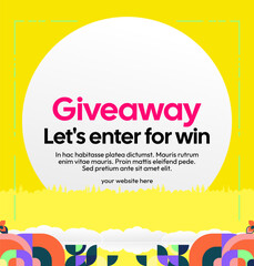 Giveaway winner announcement social media post template with colorful geometric ornaments. Perfect for business marketing. Festive giveaway background