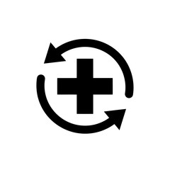 Obraz premium Vector art of a plus sign within a circular arrow represents medical care, health services, or a refresh cycle, isolated on white background
