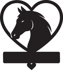 Elegant black silhouette horse head within heart frame; customizable banner below; romantic, equine-themed design.