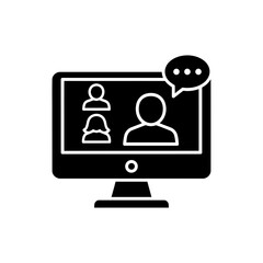 Vector art of a computer monitor displaying a video conference with three people and a speech bubble, isolated on white background