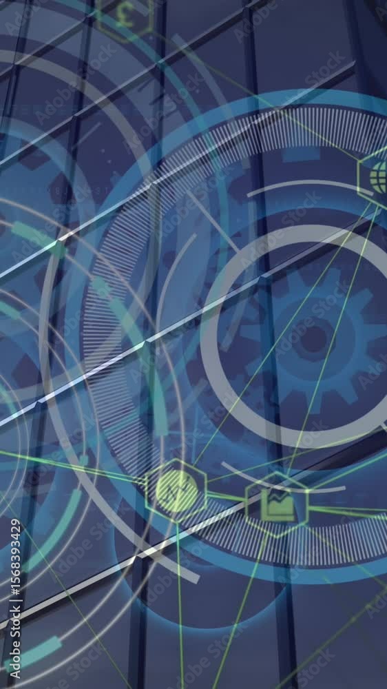 Poster animation of profile icons interconnecting with lines and circles with gears against modern building