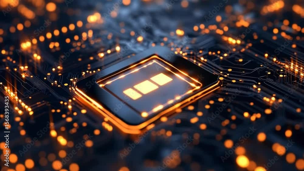 Poster close-up view of a glowing microchip on a circuit board for technology concept