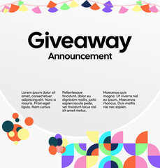 Social Media Templates Announcement Giveaway Winners. Festive background with cheerful colorful geometric art for announcement of prize winners