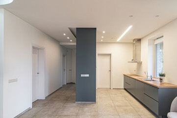 Modern luxury kitchen interior in minimal scandinavian style, 3d render