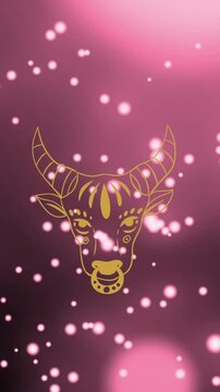 Animation of bull of taurus zodiac sign against illuminated floating pink particles and lens flare