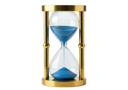 Golden hourglass with blue sand isolated on transparent background
