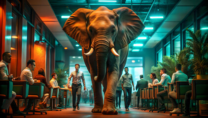 Elephant waltzes through bustling office space, startling office workers in a surreal encounter between wildlife and professional life.