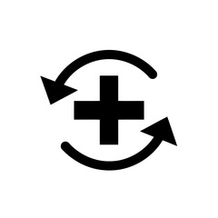 Obraz premium Vector art of a black plus sign with two curved arrows indicating a refresh or update cycle, isolated on white background