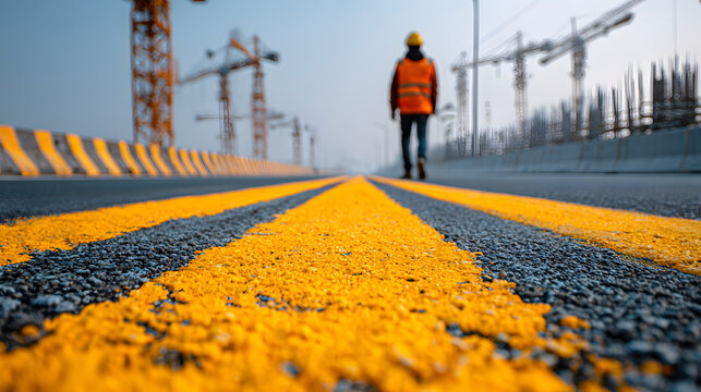 Construction infrastructure highway progress concept. Person in safety gear standing on a highway with yellow lines.